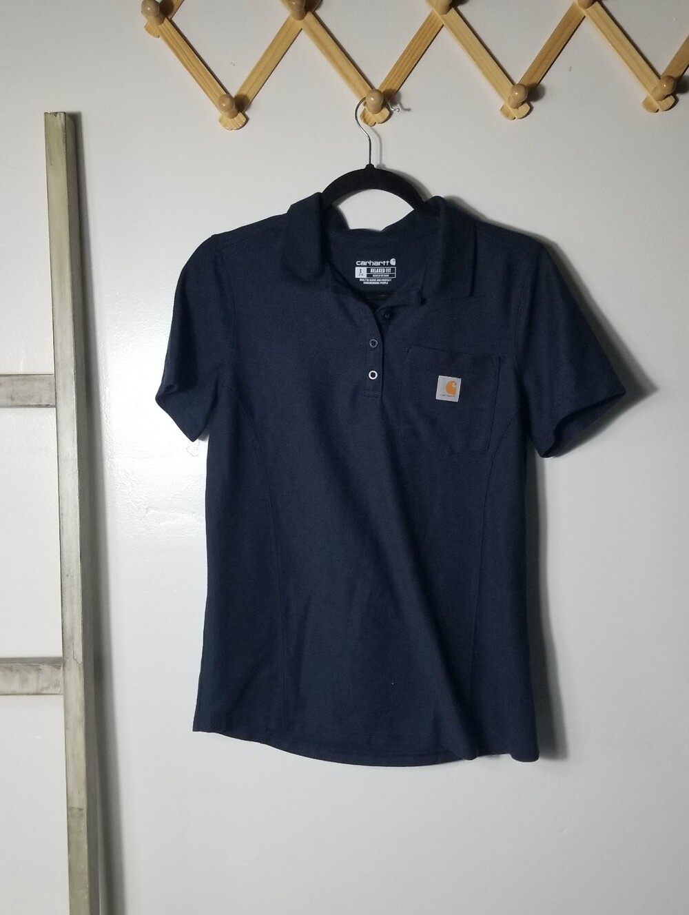 CARHARTT WOMEN'S NAVY SHORT SLEEVE POLO WITH POCKET SIZE SMALL